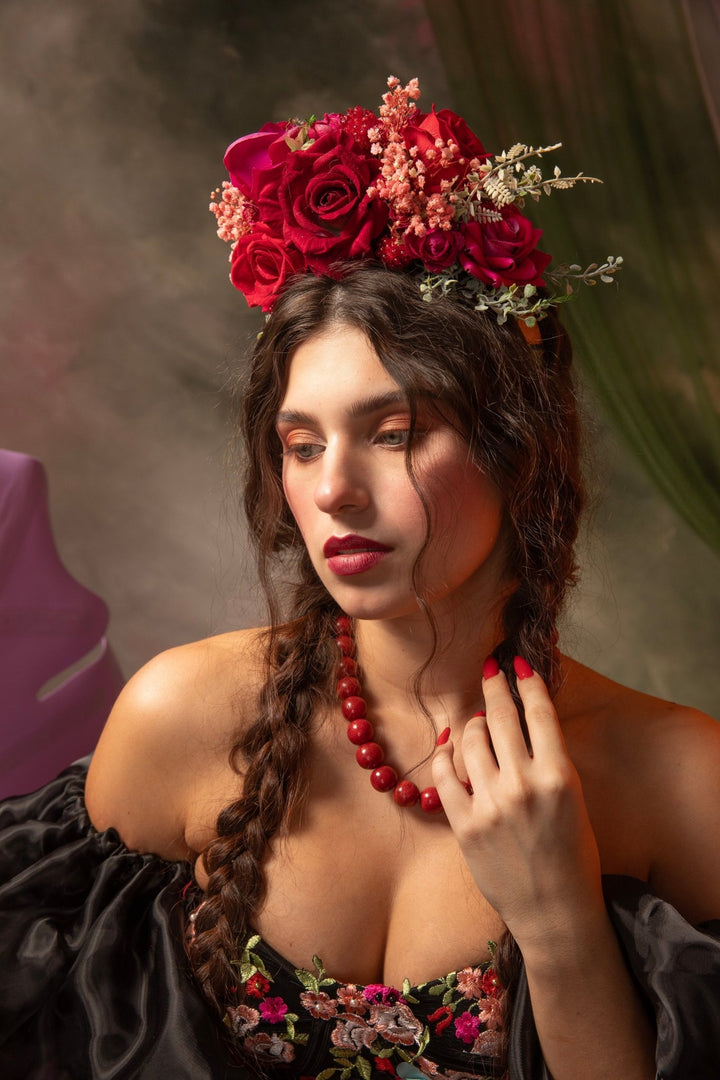 Red & Fuchsia Rose Flower Headband: Frida Inspired Bridal Headpiece – handmade floral hair accessory by magaela
