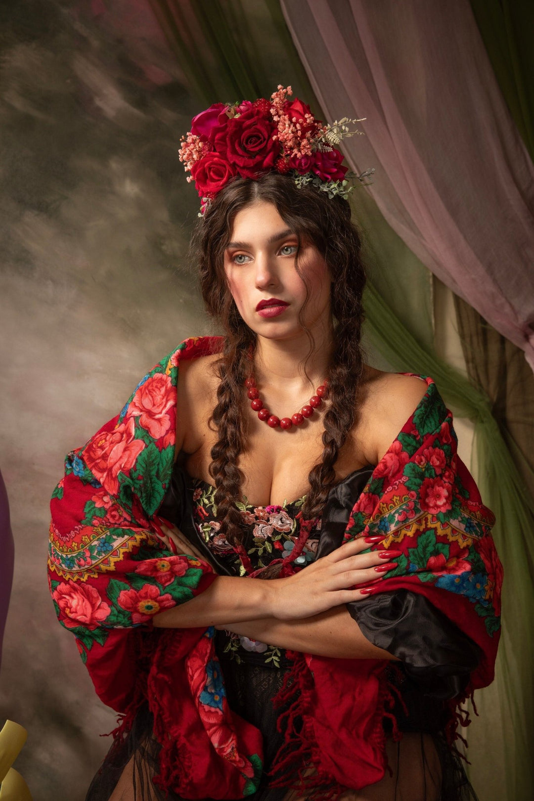 Red & Fuchsia Rose Flower Headband: Frida Inspired Bridal Headpiece – handmade floral hair accessory by magaela