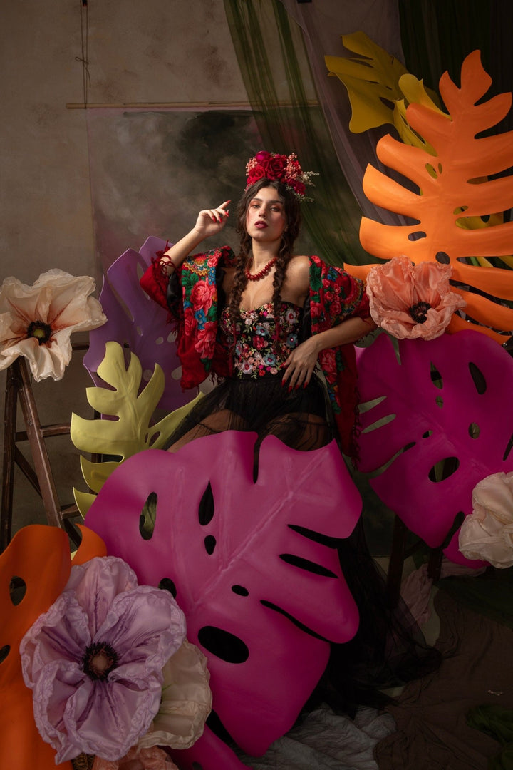 Red & Fuchsia Rose Flower Headband: Frida Inspired Bridal Headpiece – handmade floral hair accessory by magaela