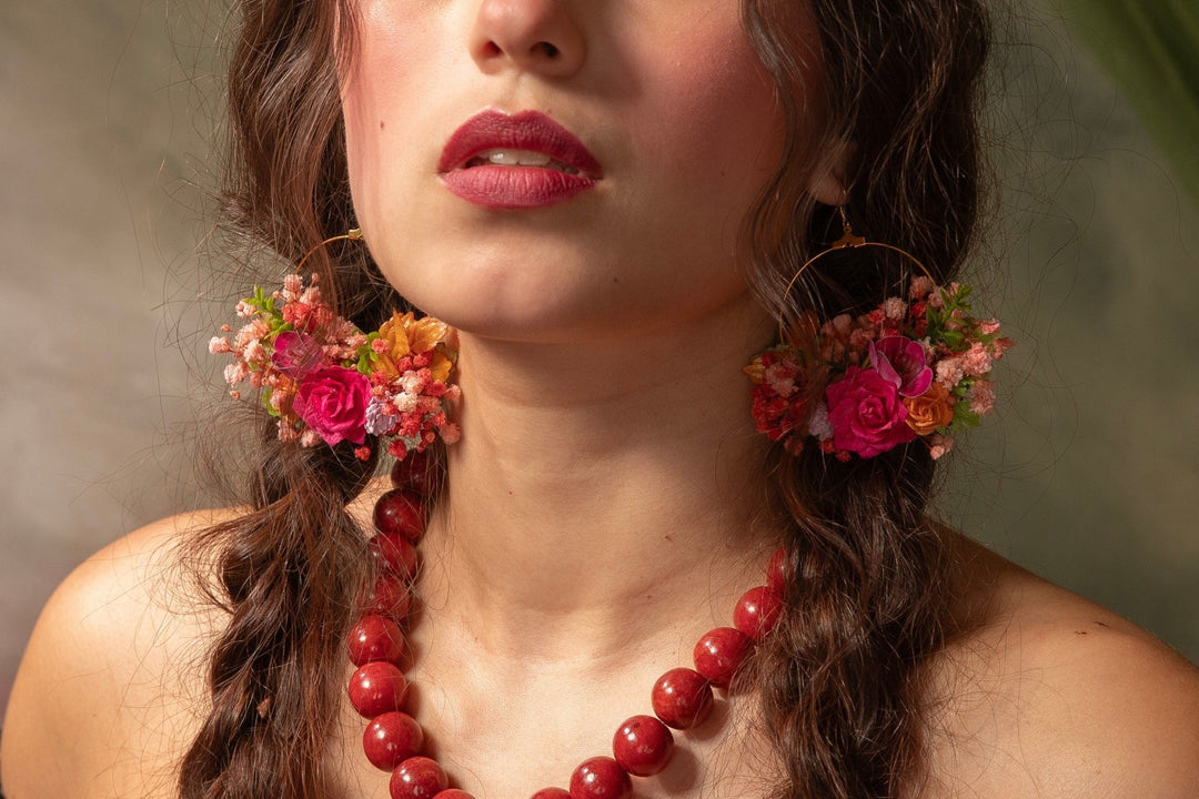 Magenta Flower Circle Earrings: Bridal Wedding Jewelry – handmade floral hair accessory by magaela