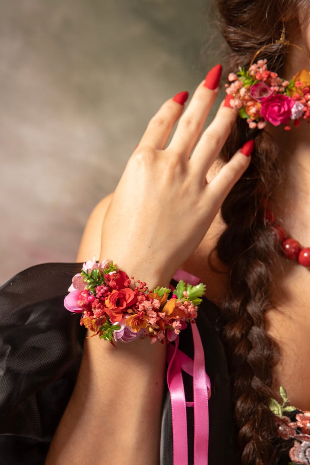 Magenta Flower Bracelet: Boho Wedding Wrist Corsage – handmade floral hair accessory by magaela