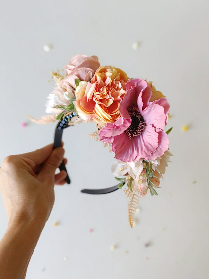 Peach fuzz and pink FRIDA headband: Double sided headband Magaela – handmade floral hair accessory by magaela