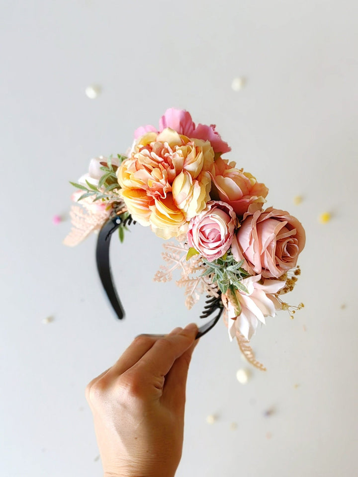Peach fuzz and pink FRIDA headband: Double sided headband Magaela – handmade floral hair accessory by magaela