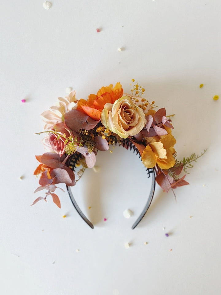 Autumn flower headband: Frida ochre hair crown – handmade floral hair accessory by magaela