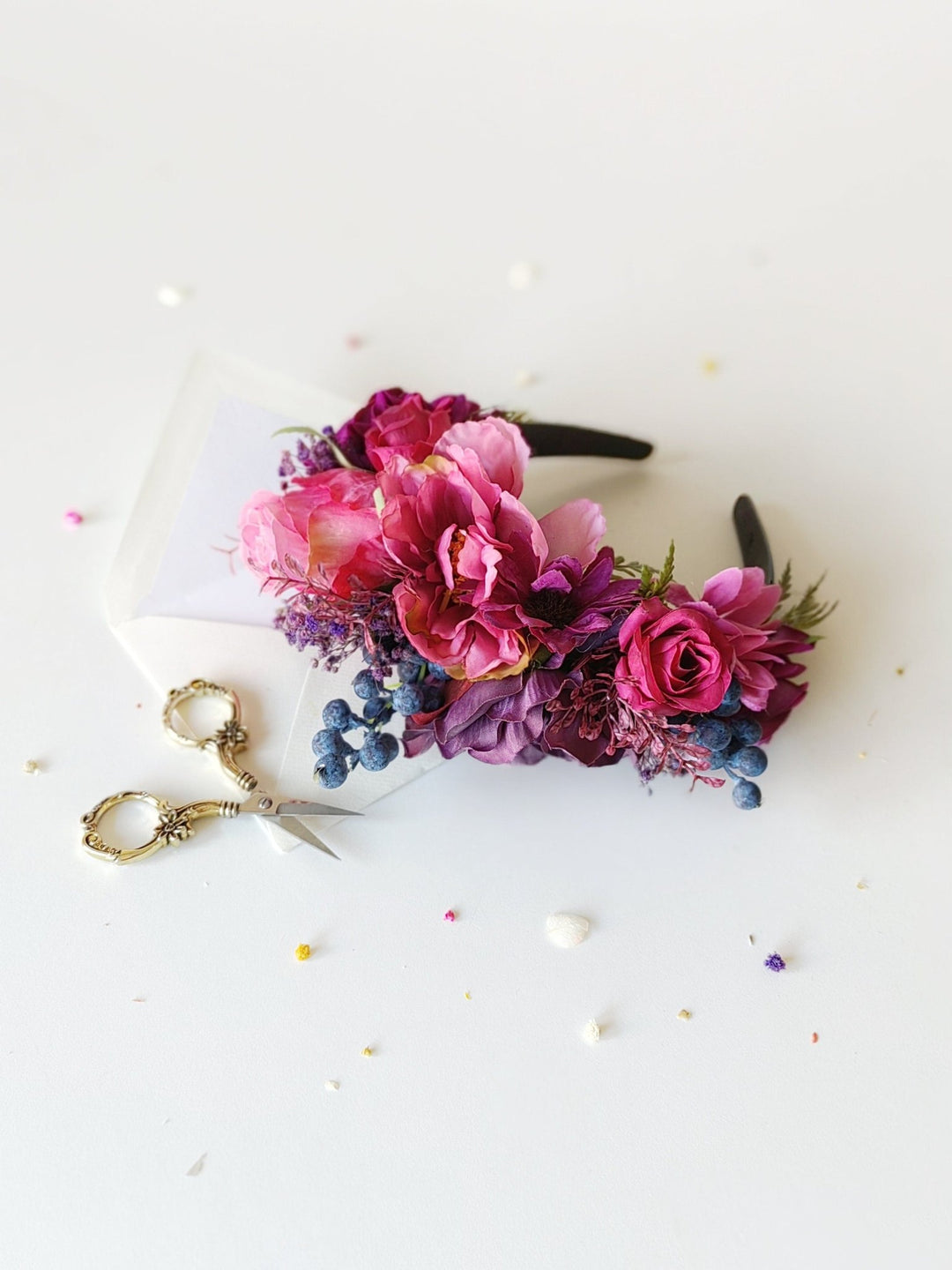 Magenta & Violet Frida Flower Headband: Boho Wedding Crown – handmade floral hair accessory by magaela