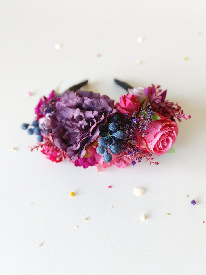 Magenta & Violet Frida Flower Headband: Boho Wedding Crown – handmade floral hair accessory by magaela
