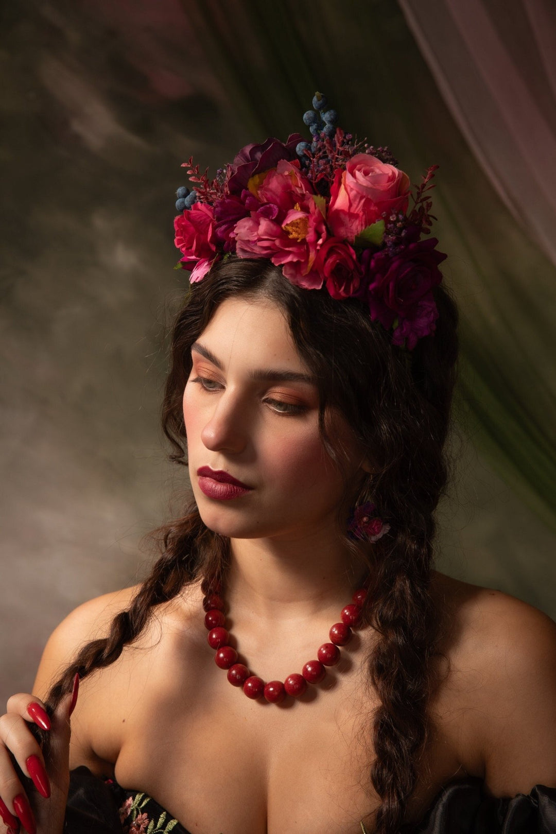 Magenta & Violet Frida Flower Headband: Boho Wedding Crown – handmade floral hair accessory by magaela