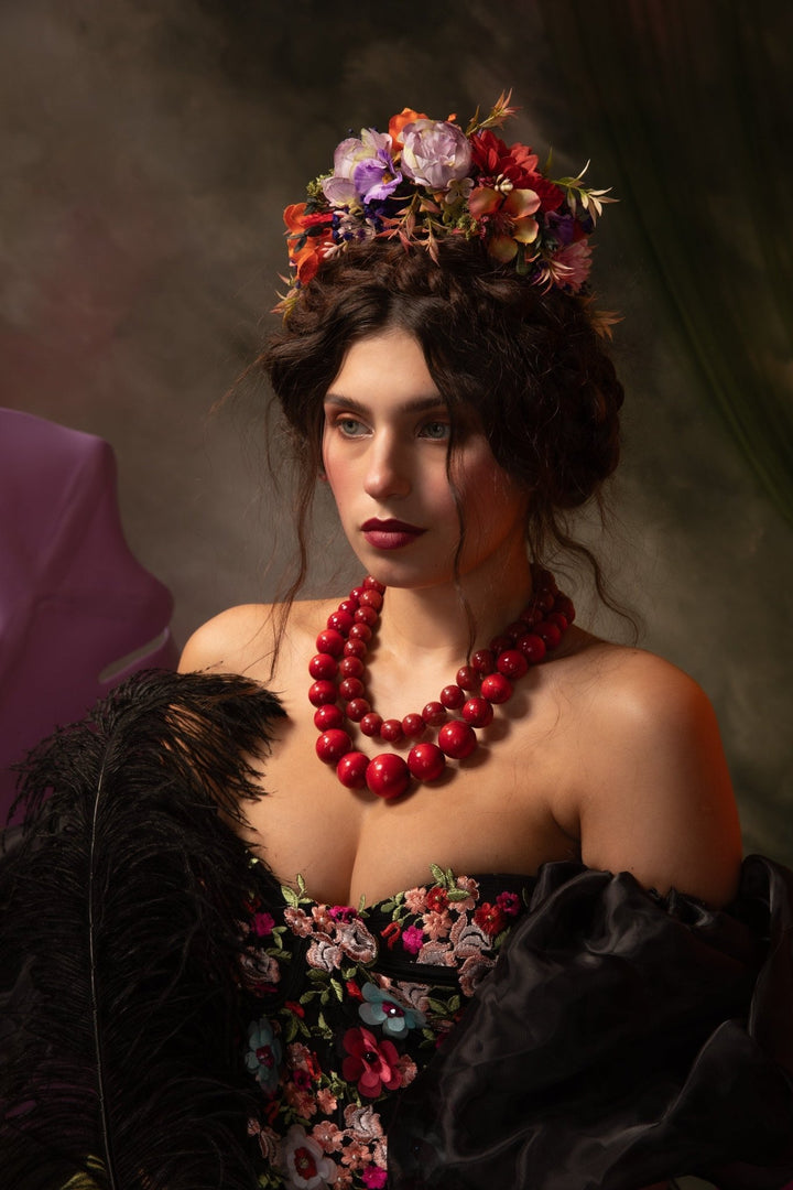 Red Purple Flower Headband: Frida Inspired Bridal Crown – handmade floral hair accessory by magaela