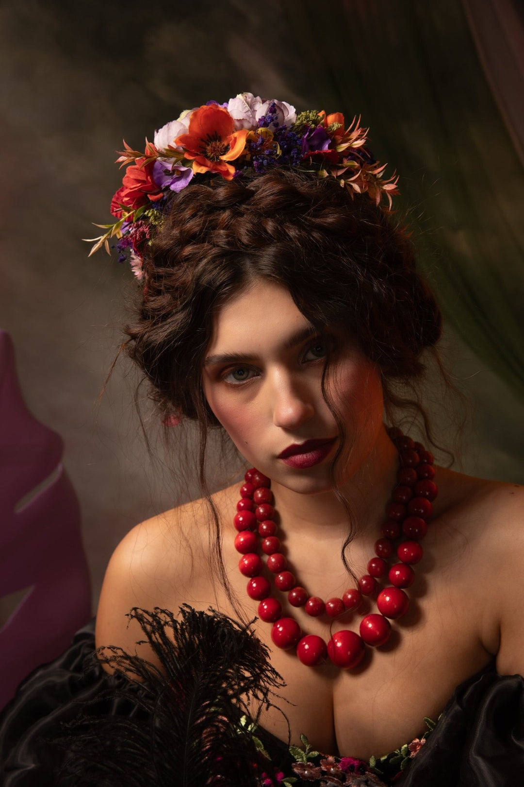 Red Purple Flower Headband: Frida Inspired Bridal Crown – handmade floral hair accessory by magaela