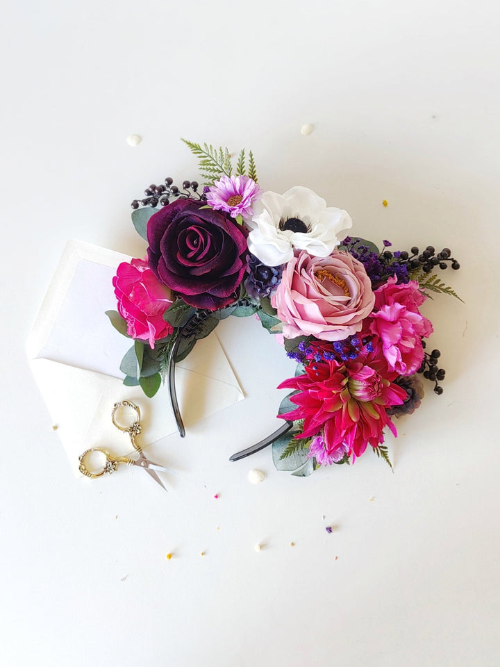 Magenta Frida Flower Headband: Colorful Garden Wedding Crown – handmade floral hair accessory by magaela