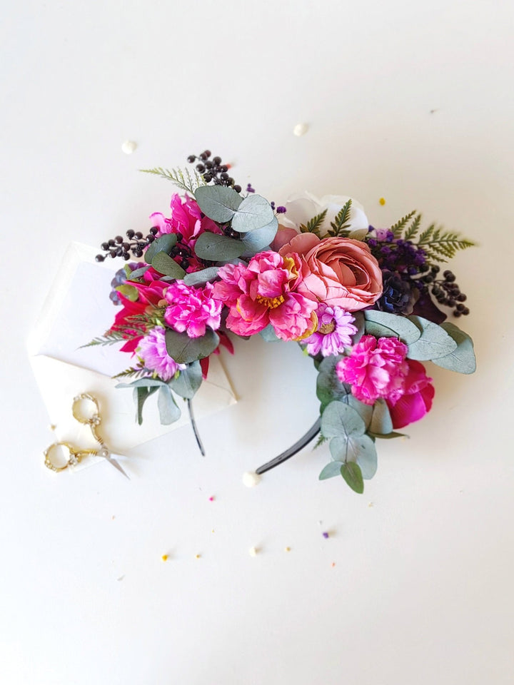 Magenta Frida Flower Headband: Colorful Garden Wedding Crown – handmade floral hair accessory by magaela