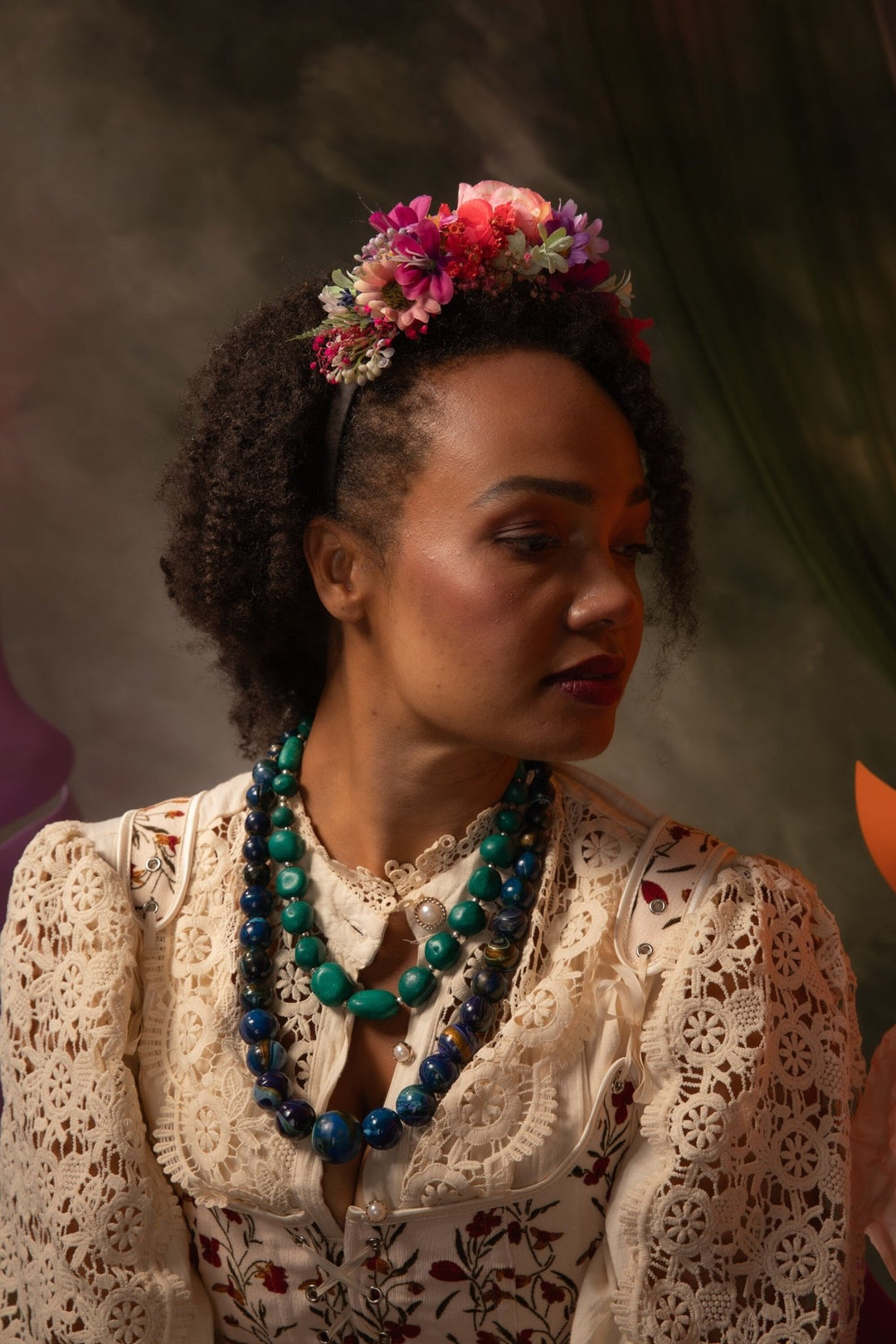 Pink & Purple Frida Flower Headband: Romantic Boho Wedding Crown – handmade floral hair accessory by magaela