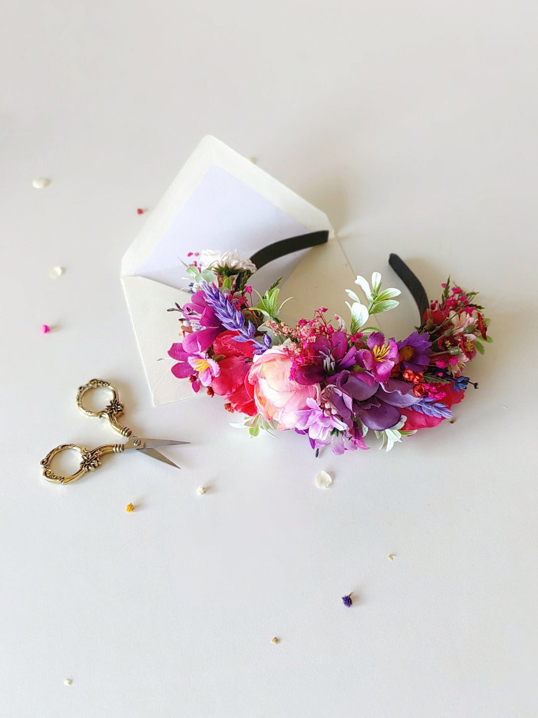 Pink & Purple Frida Flower Headband: Romantic Boho Wedding Crown – handmade floral hair accessory by magaela