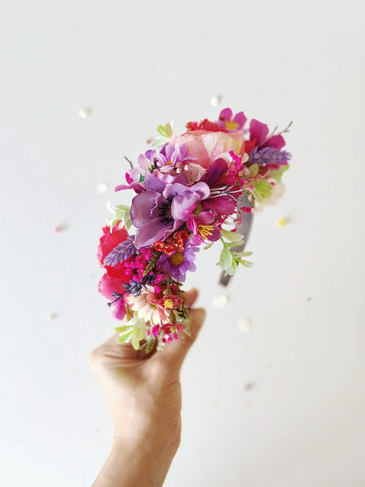 Pink & Purple Frida Flower Headband: Romantic Boho Wedding Crown – handmade floral hair accessory by magaela