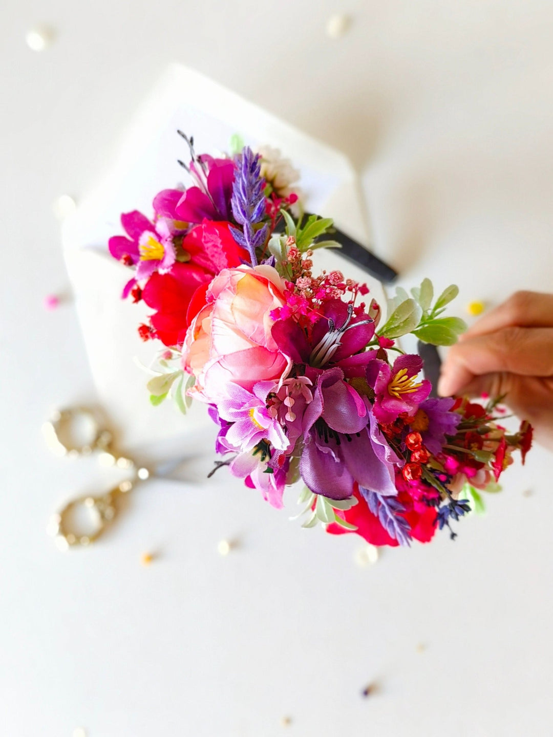 Pink & Purple Frida Flower Headband: Romantic Boho Wedding Crown – handmade floral hair accessory by magaela