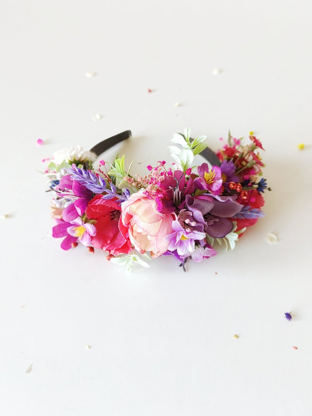 Pink & Purple Frida Flower Headband: Romantic Boho Wedding Crown – handmade floral hair accessory by magaela