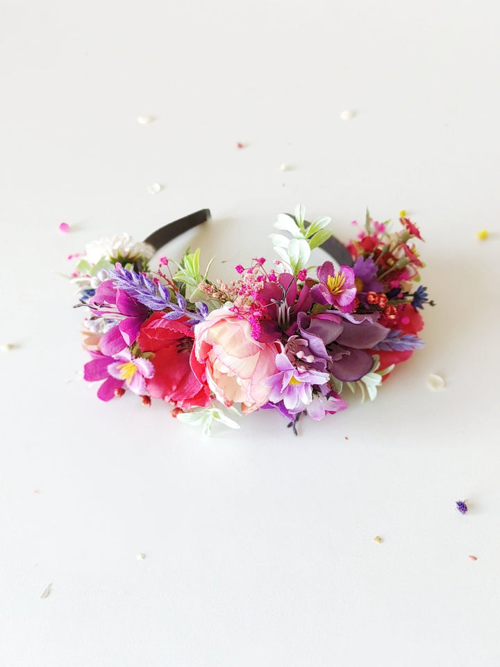 Pink & Purple Frida Flower Headband: Romantic Boho Wedding Crown – handmade floral hair accessory by magaela