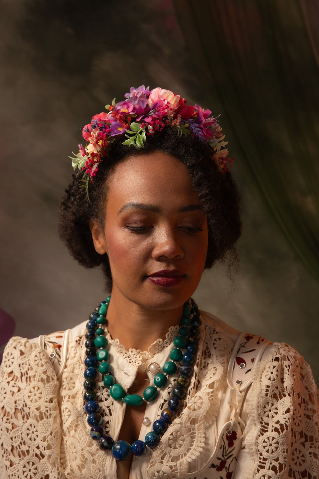 Pink & Purple Frida Flower Headband: Romantic Boho Wedding Crown – handmade floral hair accessory by magaela