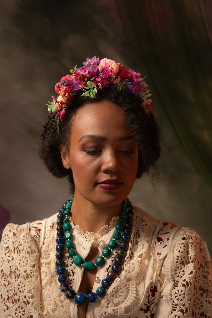 Pink & Purple Frida Flower Headband: Romantic Boho Wedding Crown – handmade floral hair accessory by magaela