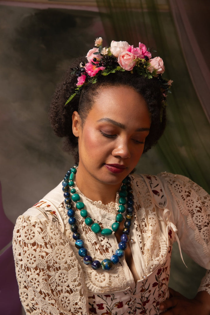 Romantic Peach & Pink Floral Headband: Frida Inspired Wedding Crown – handmade floral hair accessory by magaela