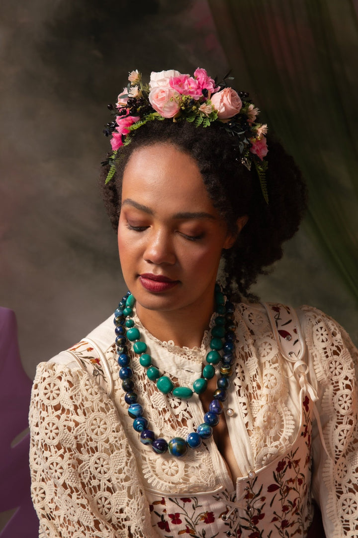 Romantic Peach & Pink Floral Headband: Frida Inspired Wedding Crown – handmade floral hair accessory by magaela