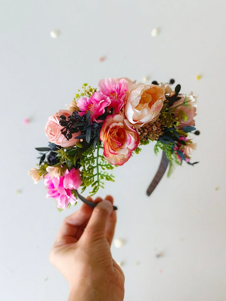 Romantic Peach & Pink Floral Headband: Frida Inspired Wedding Crown – handmade floral hair accessory by magaela