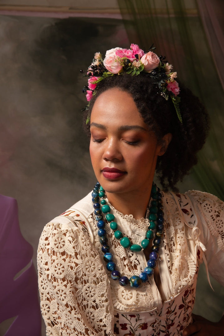 Romantic Peach & Pink Floral Headband: Frida Inspired Wedding Crown – handmade floral hair accessory by magaela