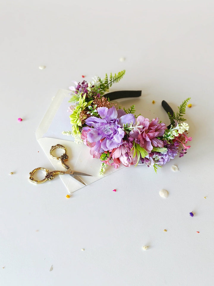 Green & Purple Frida Headband: Boho Flower Crown, Spring Wedding – handmade floral hair accessory by magaela