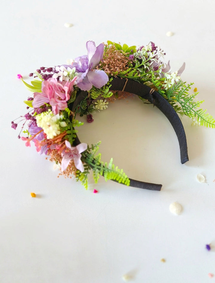 Green & Purple Frida Headband: Boho Flower Crown, Spring Wedding – handmade floral hair accessory by magaela