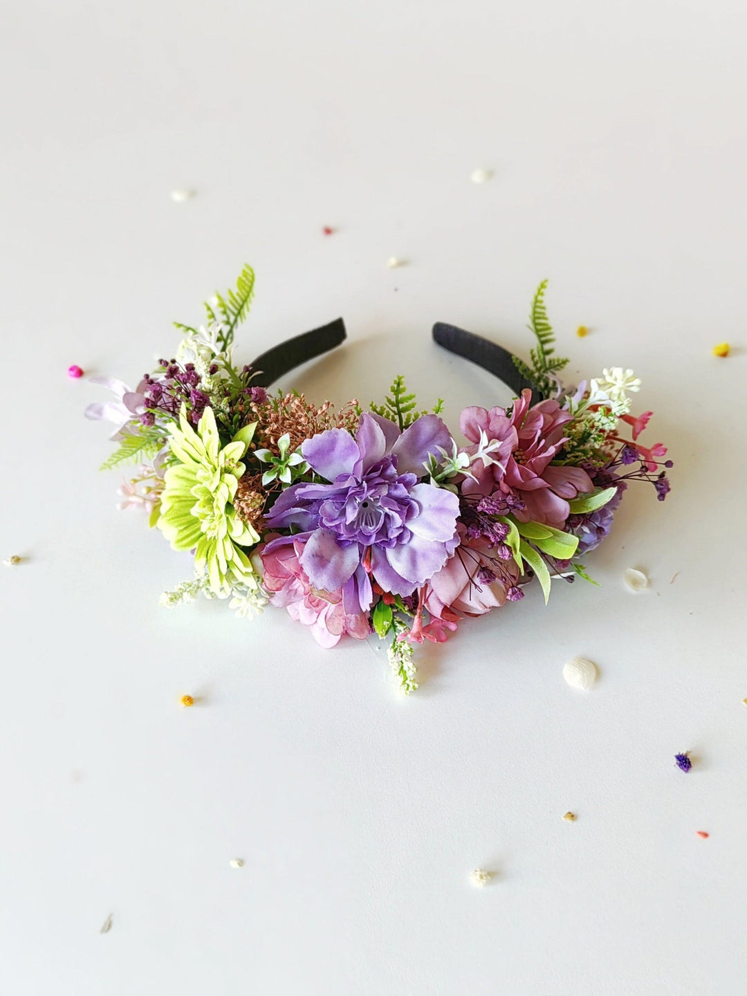 Green & Purple Frida Headband: Boho Flower Crown, Spring Wedding – handmade floral hair accessory by magaela