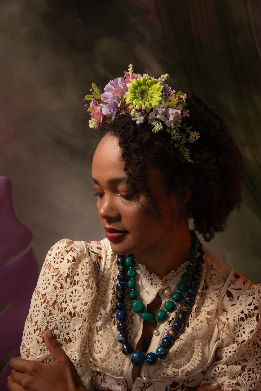 Green & Purple Frida Headband: Boho Flower Crown, Spring Wedding – handmade floral hair accessory by magaela