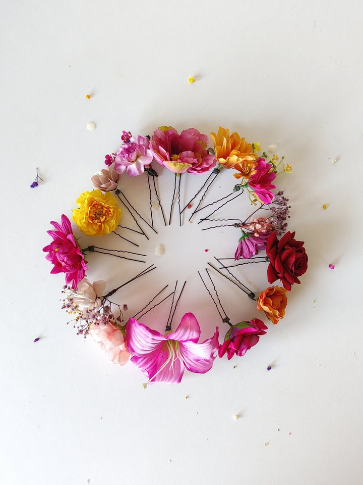 Frida Flower Hair Clips: Colorful Floral Hairpins, Boho Wedding – handmade floral hair accessory by magaela