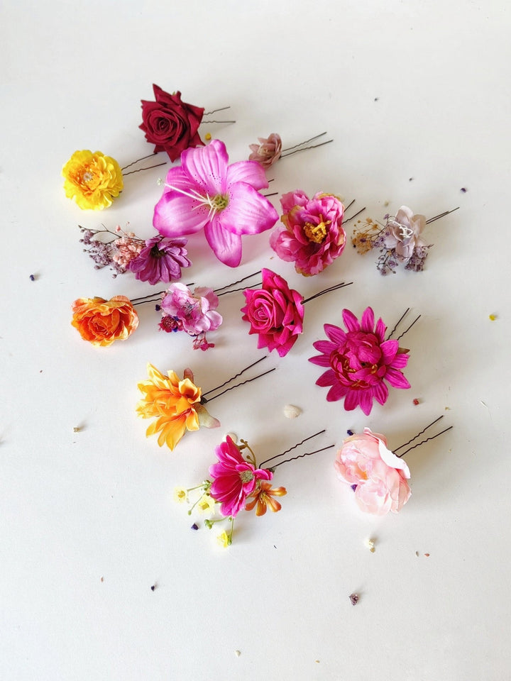 Frida Flower Hair Clips: Colorful Floral Hairpins, Boho Wedding – handmade floral hair accessory by magaela