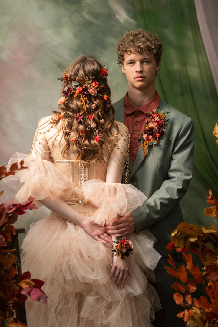 Autumn Bridal Hair Vine with Flower Veil: Cottagecore Wedding – handmade floral hair accessory by magaela