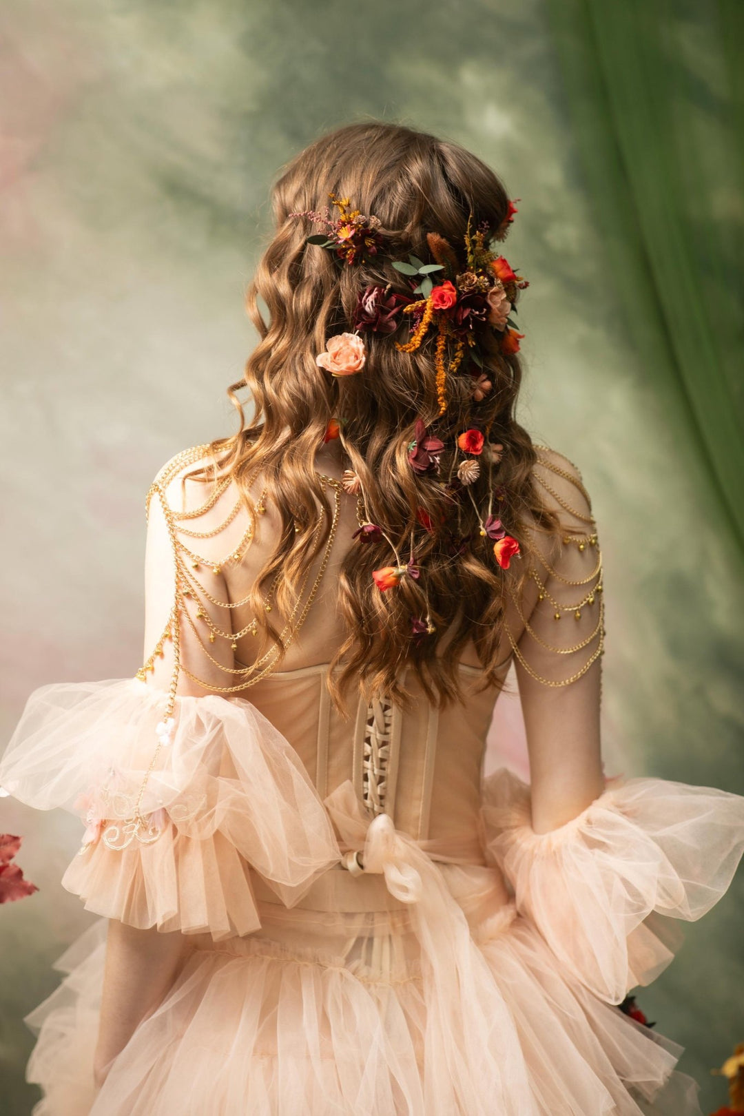 Autumn Bridal Hair Vine with Flower Veil: Cottagecore Wedding – handmade floral hair accessory by magaela