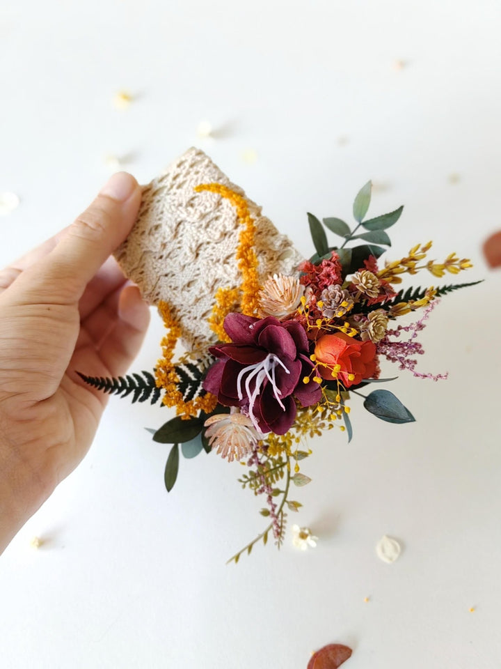 Autumn Pocket Boutonniere: Rustic Burgundy Fall Wedding Accessory – handmade floral hair accessory by magaela