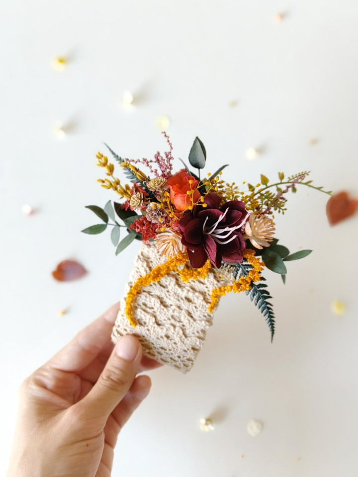 Autumn Pocket Boutonniere: Rustic Burgundy Fall Wedding Accessory – handmade floral hair accessory by magaela