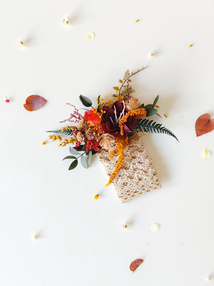 Autumn Pocket Boutonniere: Rustic Burgundy Fall Wedding Accessory – handmade floral hair accessory by magaela