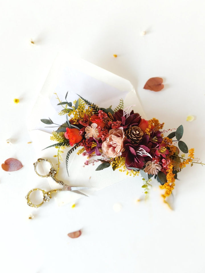 Autumn Rustic Brooch Boutonniere: Burgundy Fall Wedding Corsage – handmade floral hair accessory by magaela