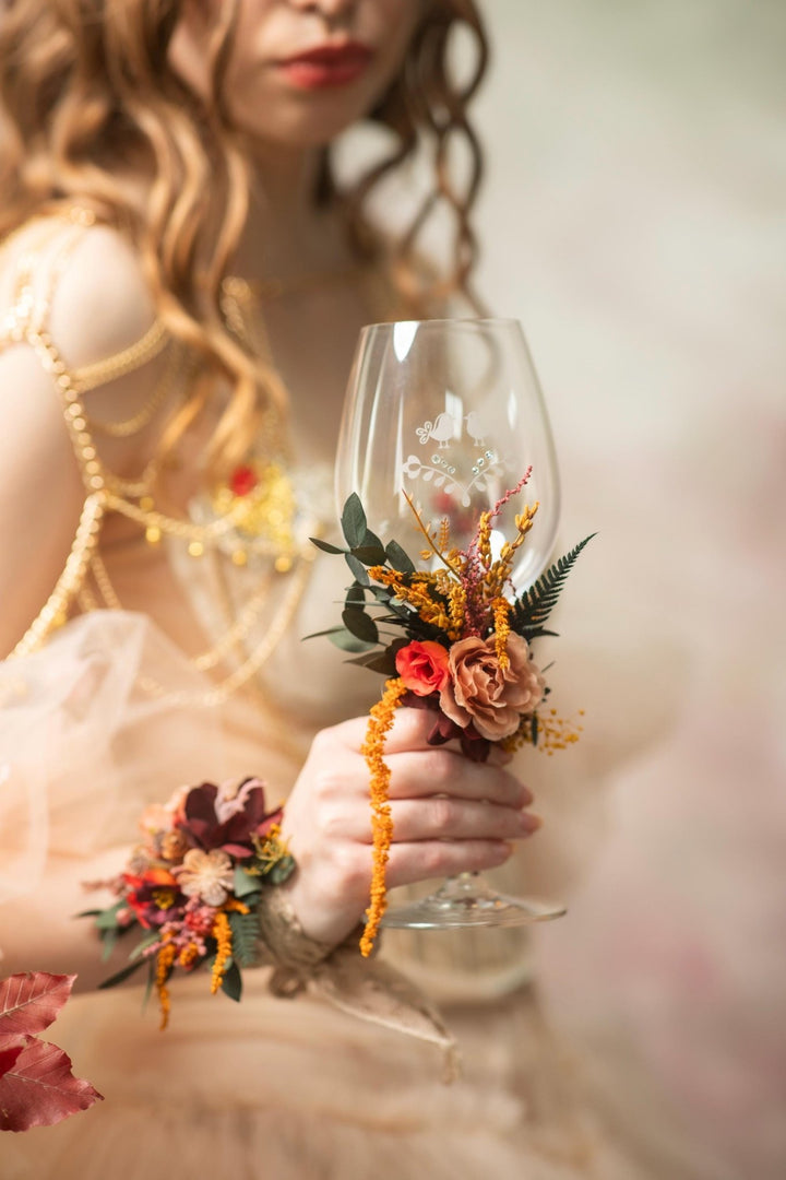 Autumn Wedding Glasses: Floral Bride & Groom Decoration – handmade floral hair accessory by magaela