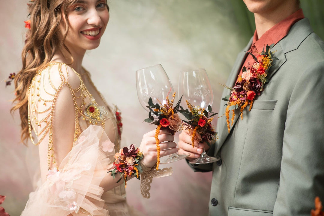 Autumn Wedding Glasses: Floral Bride & Groom Decoration – handmade floral hair accessory by magaela
