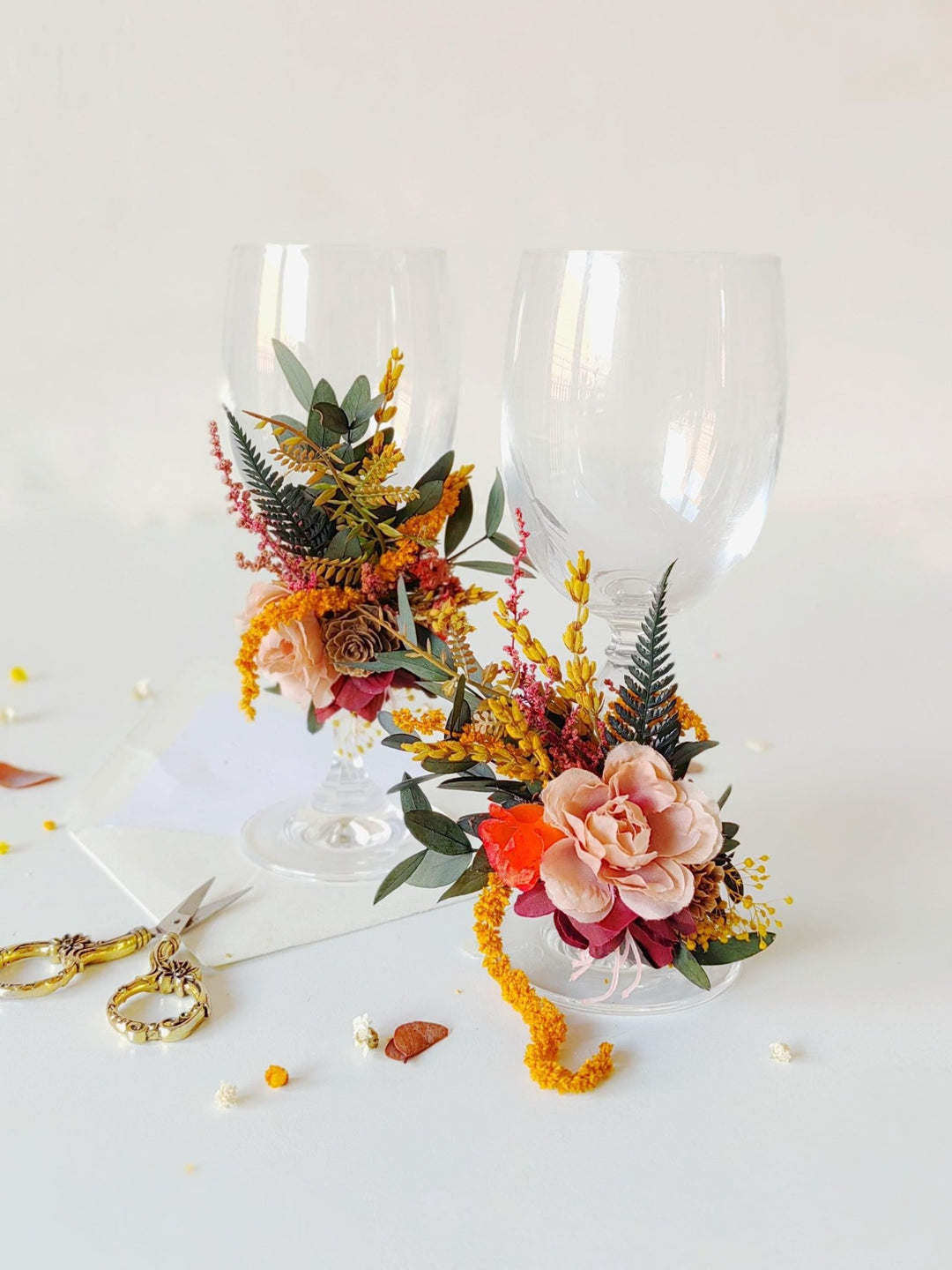 Autumn Wedding Glasses: Floral Bride & Groom Decoration – handmade floral hair accessory by magaela