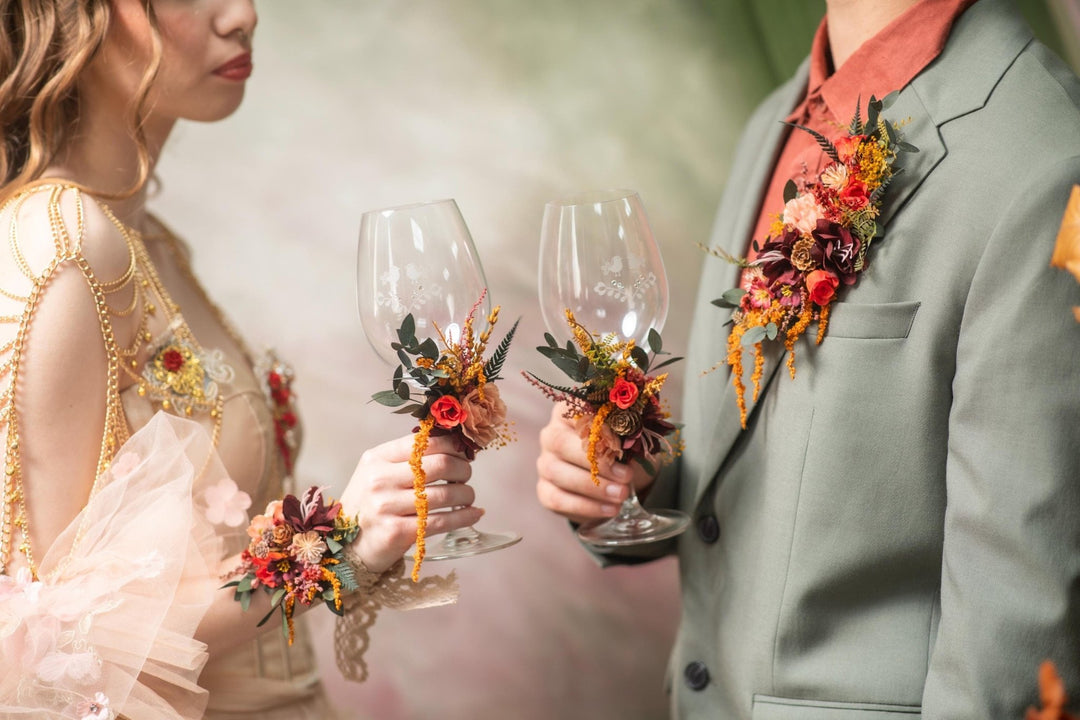 Autumn Wedding Glasses: Floral Bride & Groom Decoration – handmade floral hair accessory by magaela
