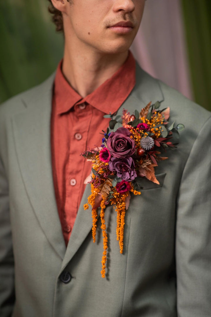 Woodland Wedding Boutonniere: Autumn Brooch Corsage, Purple Boho Flower – handmade floral hair accessory by magaela