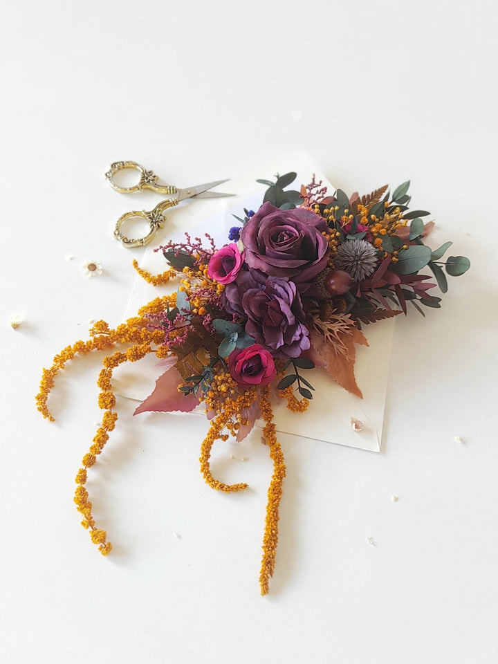 Woodland Wedding Boutonniere: Autumn Brooch Corsage, Purple Boho Flower – handmade floral hair accessory by magaela
