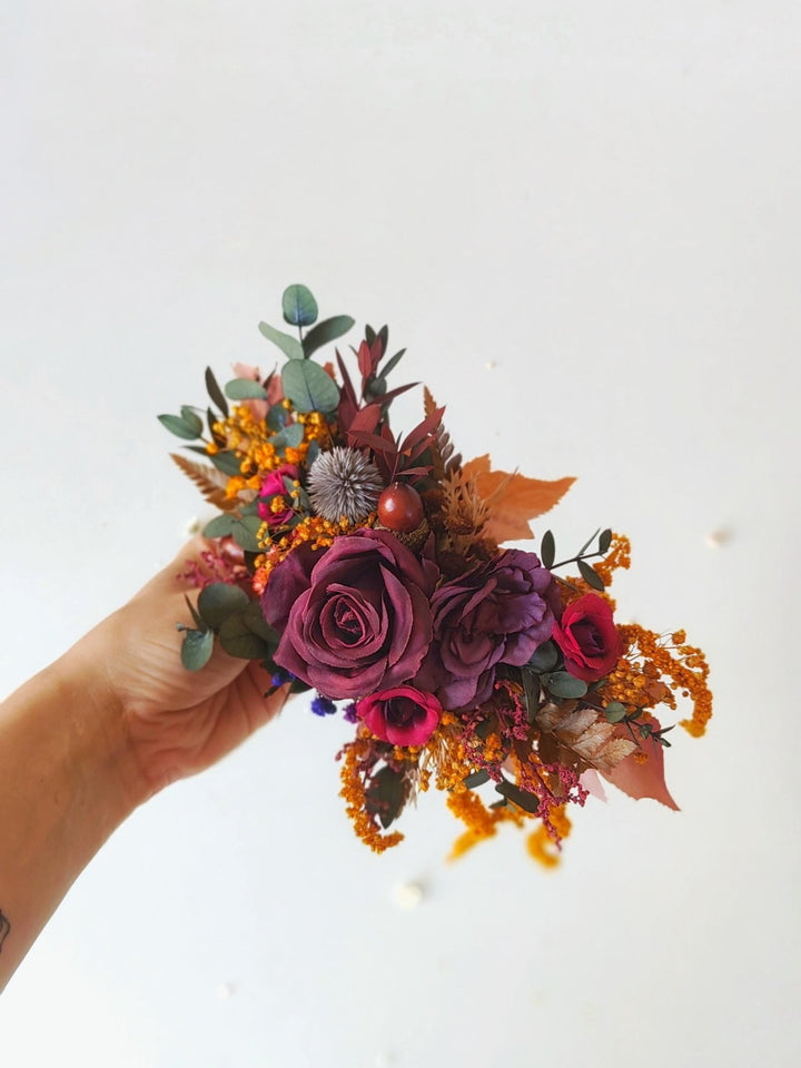 Woodland Wedding Boutonniere: Autumn Brooch Corsage, Purple Boho Flower – handmade floral hair accessory by magaela