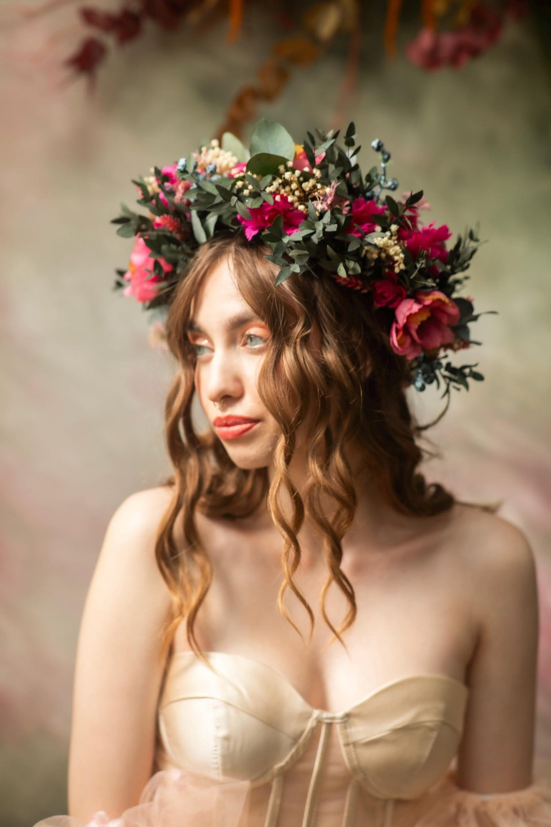 Magenta Flower Crown: Boho Wedding Hair Wreath with Blueberries – handmade floral hair accessory by magaela