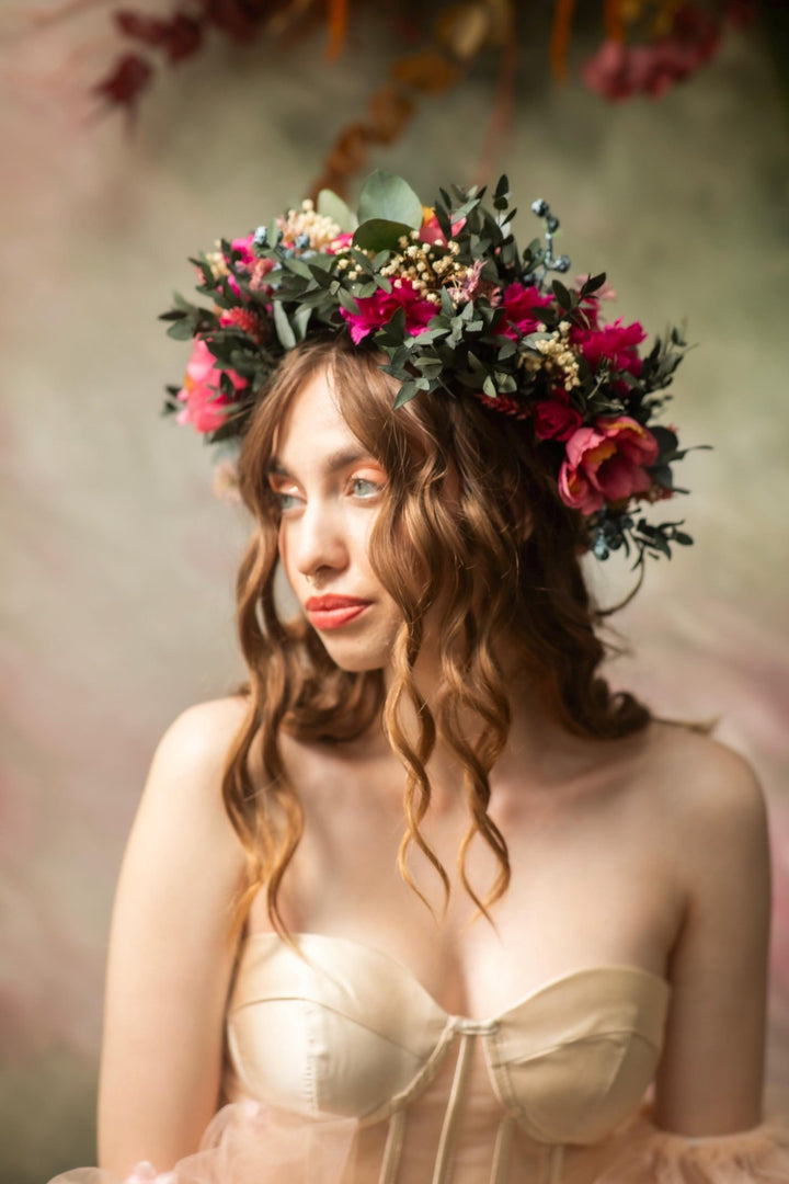 Magenta Flower Crown: Boho Wedding Hair Wreath with Blueberries – handmade floral hair accessory by magaela