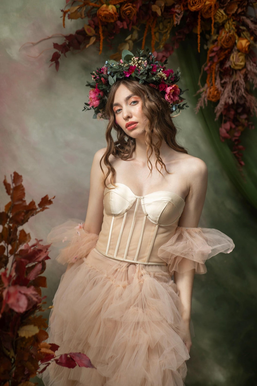 Magenta Flower Crown: Boho Wedding Hair Wreath with Blueberries – handmade floral hair accessory by magaela