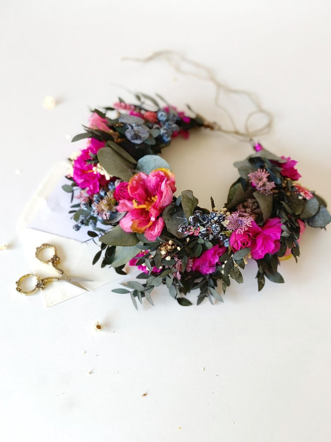 Magenta Flower Crown: Boho Wedding Hair Wreath with Blueberries – handmade floral hair accessory by magaela
